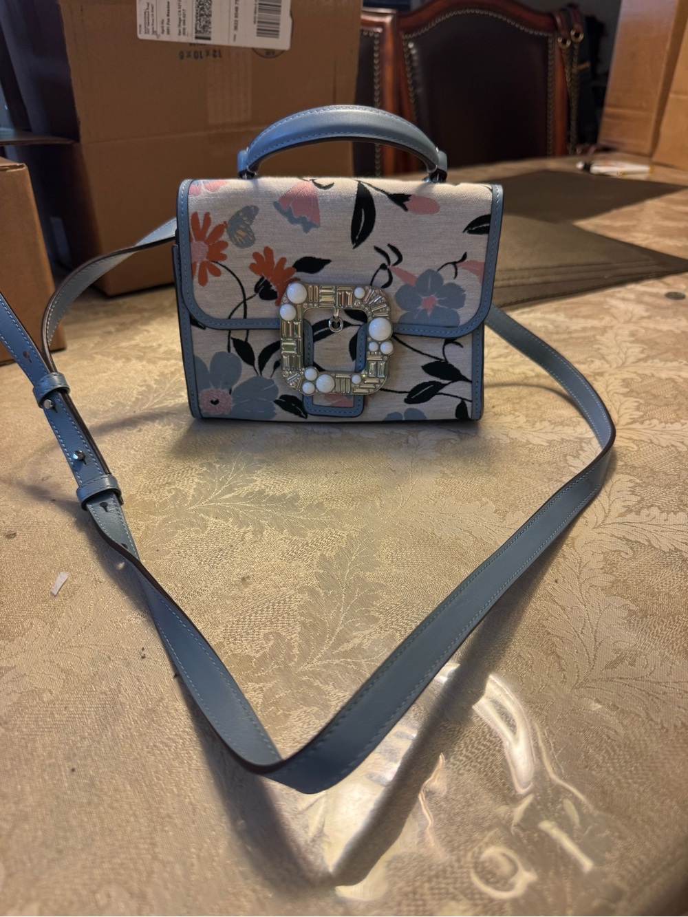 Kate Spade Lovitt Crystal Buckle Floral Jacquard Crossbody Bag